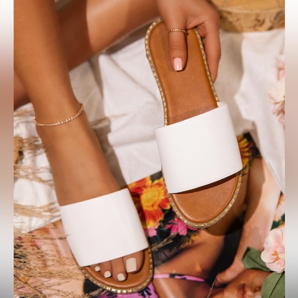 White Slip On One Band Flat Sandals - Picture 2 of 12